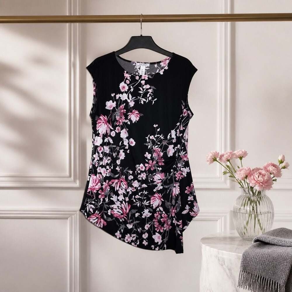White House Black Market Floral Asymmetric Drape Sleeveless Top #776